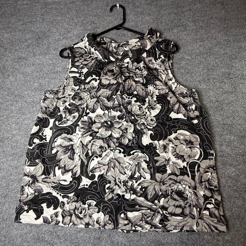 Talbots Womens Black White Floral Scroll Mock Neck Sleeveless Blouse Top L